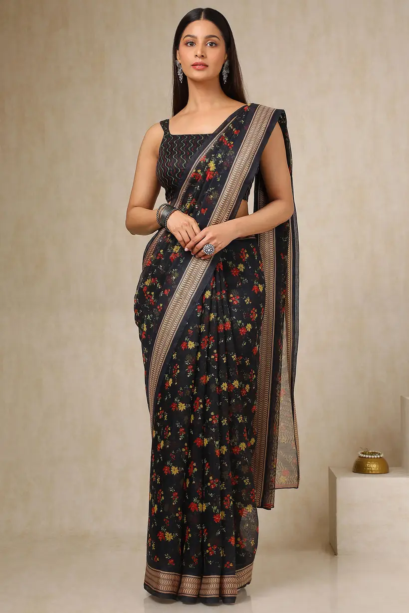 Black Cotton Blend Floral Print Saree